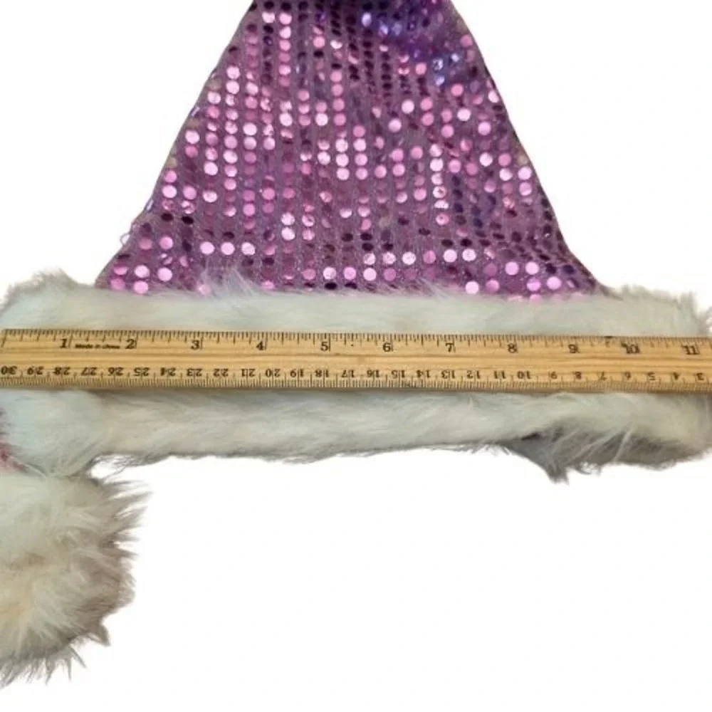 Set of 2 Pink and Purple Sequin Santa Hats White Faux Fur Trim Christmas Holiday